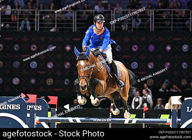 Gilles Thomas with his horse Luna Van Het Dennehof from the Valkenswaard United team competes in the Global Champions Prague Playoffs