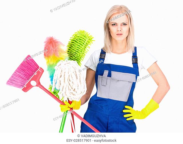 Young smiling cleaner woman. Isolated over white background