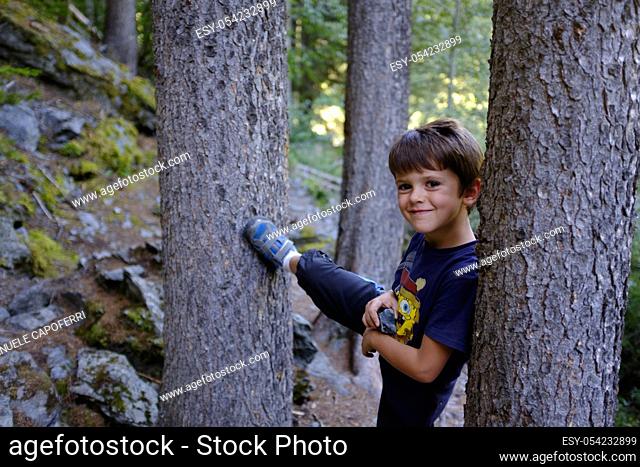Portrait of child among the trees of the forest, Valdidentro, Lombardy, Italy
