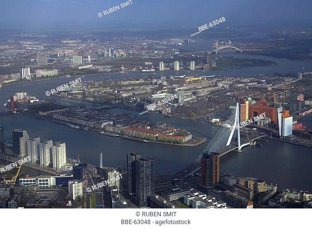 Aerial of the city Rotterdam, and the river Meuse