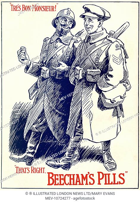 First World War advertisement for Beecham's Pills, featuring a British and French soldier agreeing on the medication's benefits