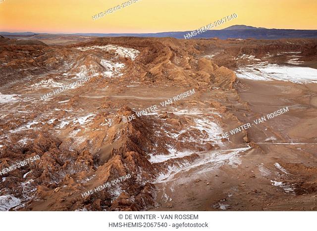 Chile, El Norte Grande, Antofagasta Region, Salar de Atacama, Valle de la Luna (Valley of the Moon), aerial view at dawn