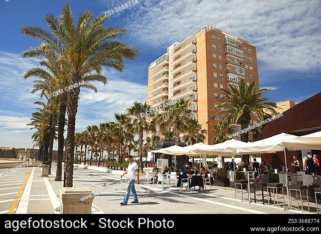 View to the restaurants and bars near La Caleta beach, Cadiz City, Andalusia, Spain, Europe