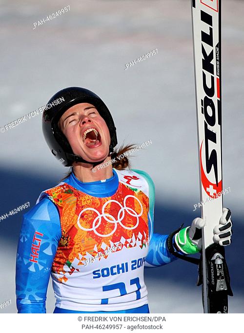 Tina Maze of Slovenia reacts during the Women's Alpine Skiing Downhill race in Rosa Khutor Alpine Center at the Sochi 2014 Olympic Games, Krasnaya Polyana