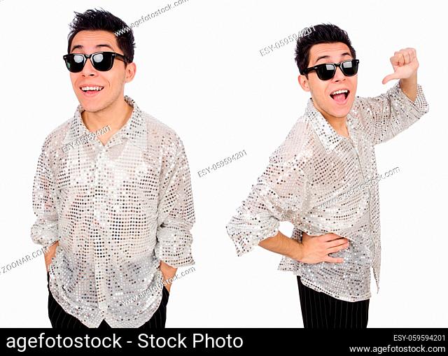 Young man in silver shirt isolated on white