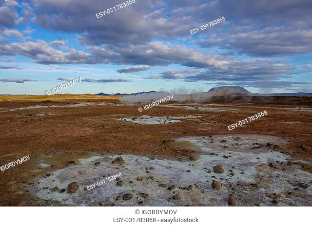 Hverarond geothermal field in Iceland. This is a field in Krafla caldera area near Mvatmn Lake which is full of mudpots, steam vents, sulphur deposits