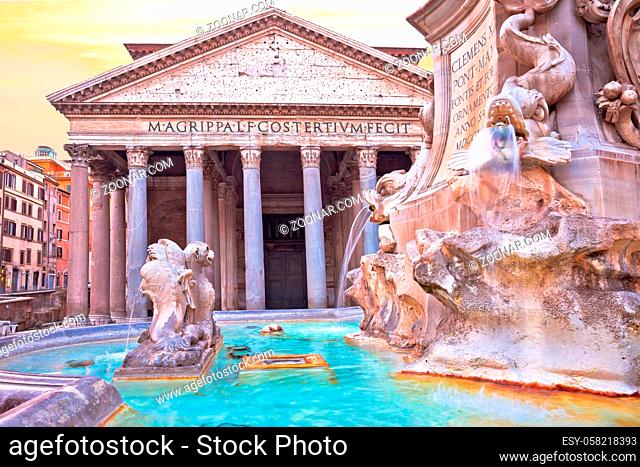 Rome. View of Pantheon and square fountain, ancient landmark in eternal city of Rome, capital of Italy