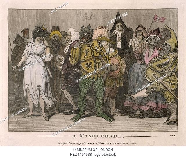 'A Masquerade', 1795. A scaly-legged devil flirts with a woman dressed as Diana, the goddess of hunting