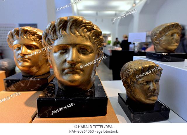 Miniature busts of Nero for sale at the exhibition 'Nero - Kaiser, Kuenstler und Tyrann' (lit. 'Nero - Emperor, Artist and Tyrant') at Rheinisches Landesmuseum...