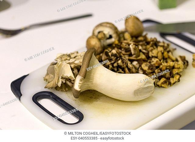 Oyster, shitake and brown mushoorms on a white chopping board