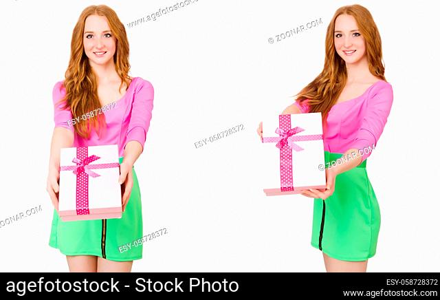 Beautiful woman in green skirt with giftbox
