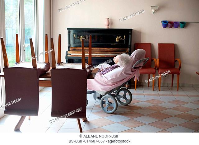 Reportage in the Amaryllis Nursing Home in Nice, France. A resident lying down in a wheelchair