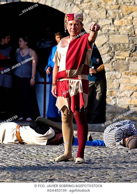 Storyteller at La Morisma festival, Main Square, Ainsa. Sobrarbe, Huesca province, Aragon, Spain