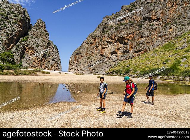 hikers on Torrent de Pareis, Sa Calobra, Majorca, Balearic Islands, Spain