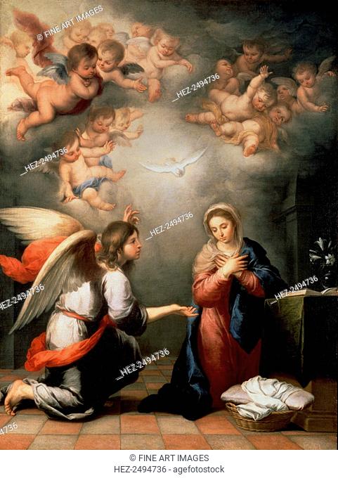 'The Annunciation', 1660s. Murillo, Bartolomé Estebàn (1617-1682). Found in the collection of the State Hermitage, St. Petersburg