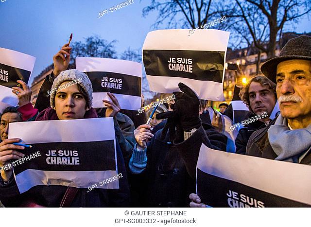 UNPROGRAMMED RALLY IN HOMAGE TO THE VICTIMS OF THE ATTACKS ON THE EDITORIAL OFFICES OF THE NEWSPAPER CHARLIE HEBDO THAT LEFT 12 DEAD, PLACE DE LA REPUBLIQUE