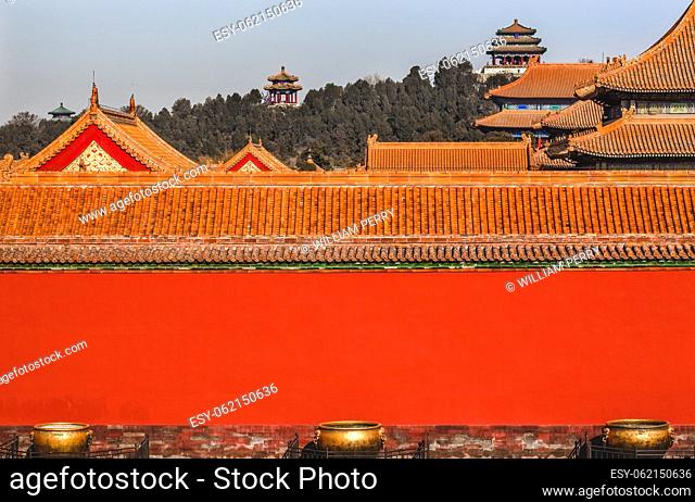 Jinshan Park Pavilions from Forbidden City Yellow Roofs Red Walls Brass Pots Gugong Emperor's Palace Beijing China Built in the 1400s in the Ming Dynasty