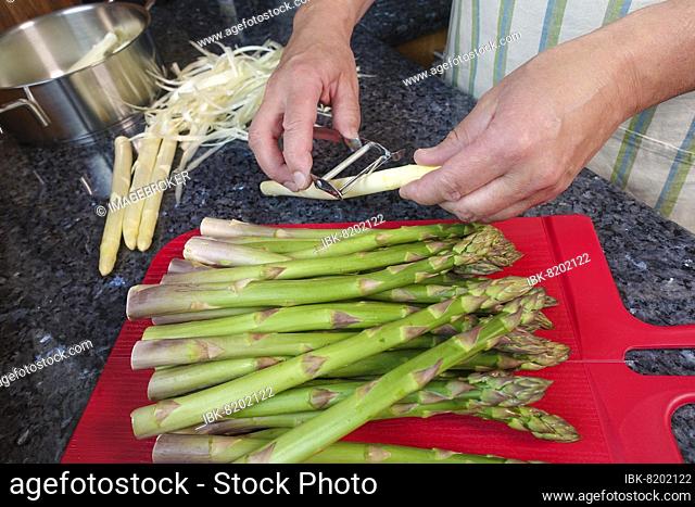 Swabian cuisine, peeling asparagus, preparing Pfitzauf with asparagus salad and honauforelle, green and white asparagus, vegetables, healthy cuisine