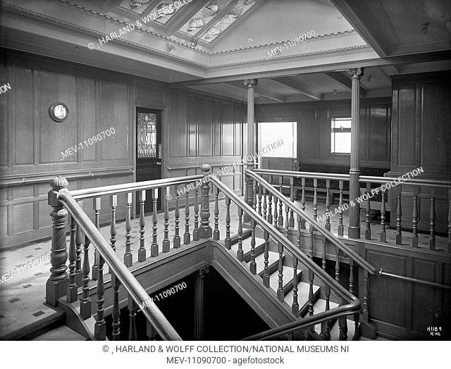 First class staircase and landing. Ship No: 392. Name: Pericles. Type: Passenger Ship. Tonnage: 10924. Launch: 21 December 1907. Delivery: 4 June 1908