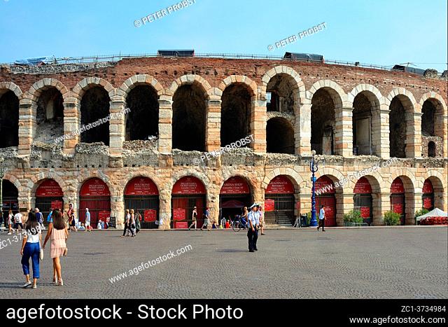 Roman amphitheatre Arena di Verona at the Piazza Bra square in the historic centre of Verona - Italy