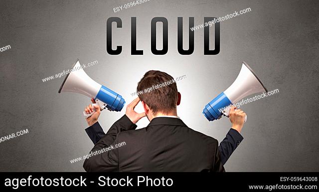 Rear view of a businessman with CLOUD inscription, cyber security concept