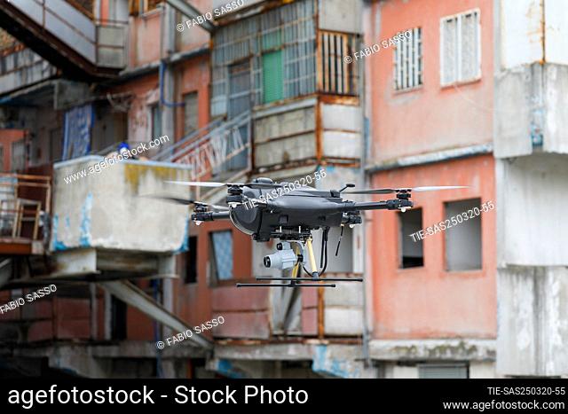 In the district of Scampia the Carabinieri of helicopter department of Pontecagnano present the new drones that will be used to monitor, during the quarantine