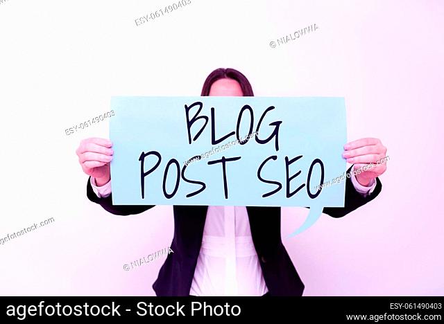 Handwriting text Blog Post Seo, Word Written on Search Engine Optimization applied to blogging social network Important Messages Presented On Piece Of Paper On...
