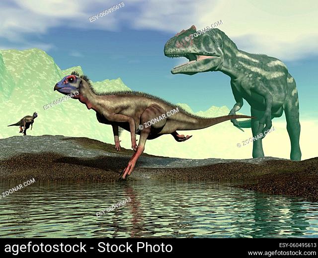 Hypsilophodon dinosaurs escaping from allosaurus by day - 3D render