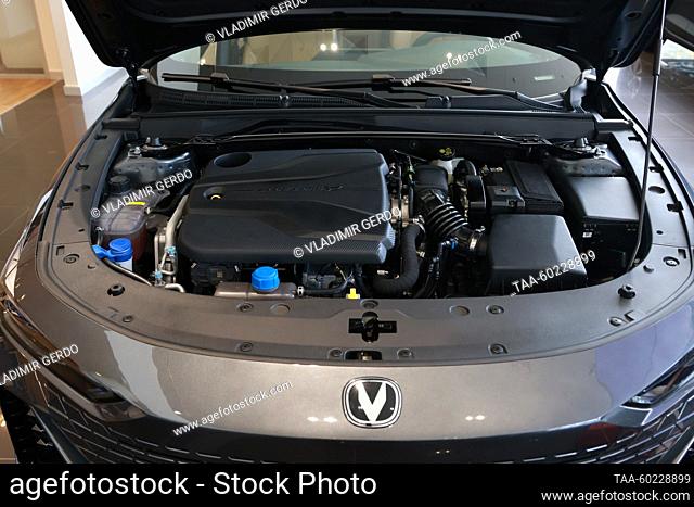 RUSSIA, MOSCOW - JULY 3, 2023: Engine of a Changan car manufactured by the Chinese car maker Changan Automobile on display at the Changan Major Auto car...