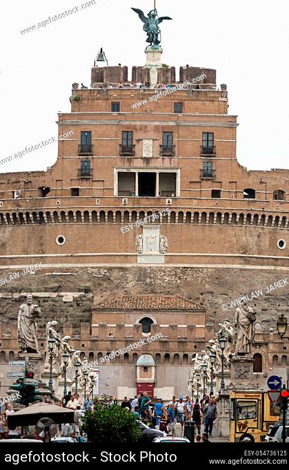 Rome - View of Castel Sant'Angelo, Castle of the Holy Angel built by Hadrian in Rome, along Tiber River