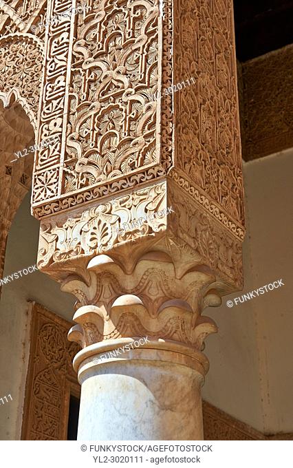 The arabesque mocarabe plasterwork of the Saadian Tombs the 16th century mausoleum of the Saadian rulers, Marrakech, Morroco
