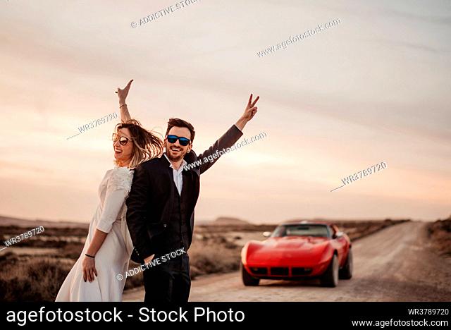 freedom, ecstatic, wedding couple, roadtrip