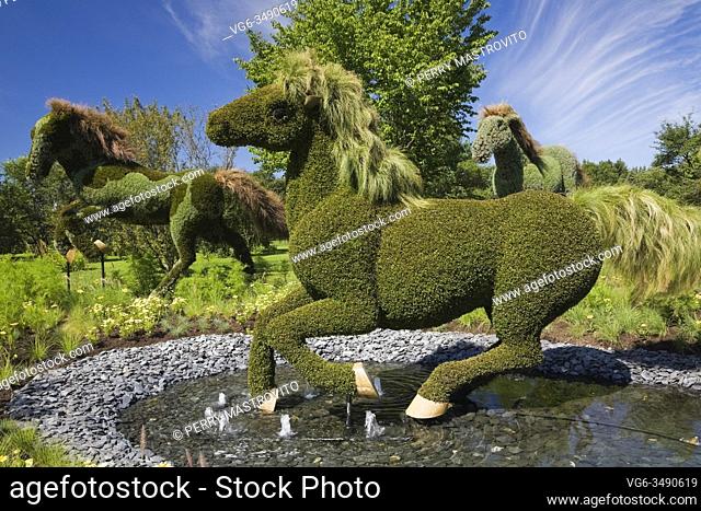Living plant galloping horse sculptures belonging to the exhibit called 'Mother Earth' created on metal mesh forms filled with earth and planted with various...