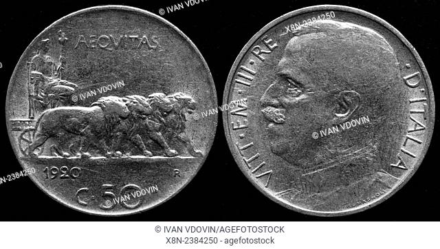 50 centesimi coin, King Vittorio Emanuele III, Italy, 1920