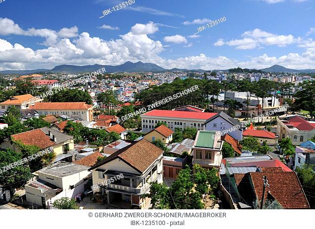 View over the colorful houses and rooftops of the Dalat capital, Central Highlands, Vietnam, Asia