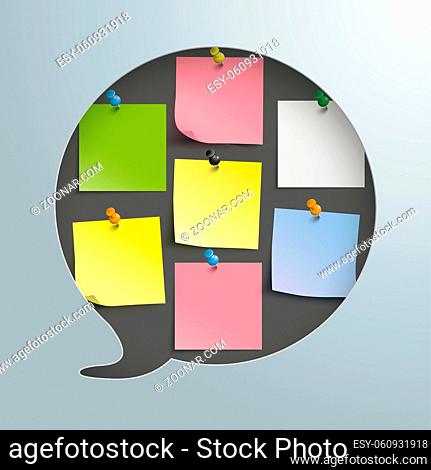 Speech bubble hole with stickers and thumbtacks on the gray background. Eps 10 vector file