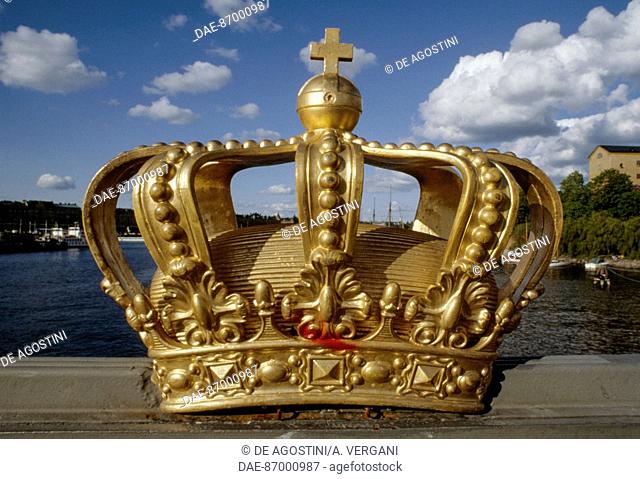 Swedish Crown, decorative element from one of the bridges leading to the Skeppsholmen island, Stockholm, Sweden