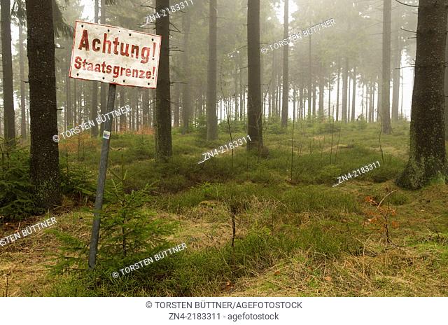 Austrian - Czech State Border in a Coniferous Forest near Sternwald Wind Farm. Austria