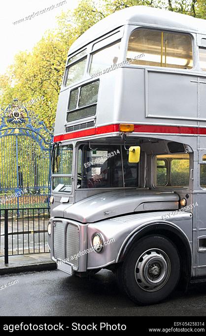Grey vintage bus in London. London City tour