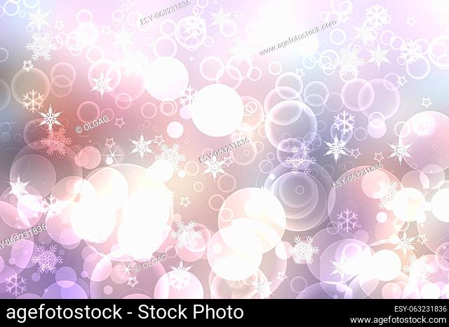 Abstract blurred festive delicate winter christmas or Happy New Year background with shiny pink and white bokeh lighted stars. Space for your design