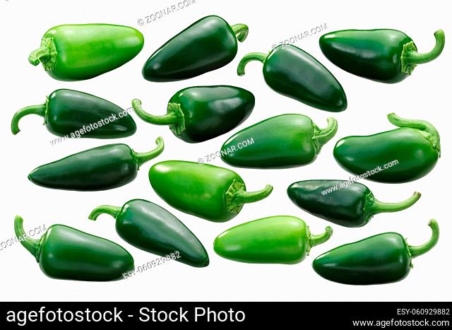 Jalapeno chile peppers (Capsicum annuum fruit), whole single pods