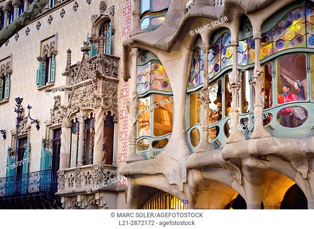 Detail of buildings. Windows and balconies. Amatller House by Puig i Cadafalch. Batllo House by Antoni Gaudi­ Passeig de Gracia, Barcelona, Catalonia, Spain