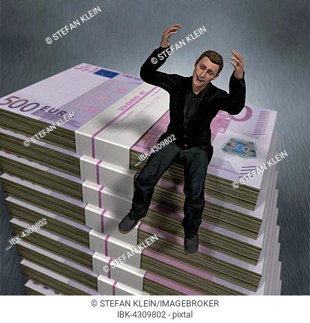 Computer graphics, man, pile, bills, bundle of banknotes, symbolic image, cheering, wealth, lottery win