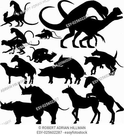 Set of editable vector silhouettes of various animals mating with each figure as a separate object