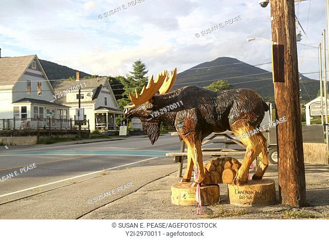 Carved wooden moose in front of the Pemi Valley Moose Tours office, Lincoln, New Hampshire, United States