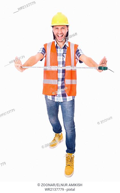 Funny construction worker with tape-line isolated on white