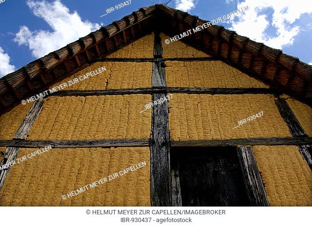 Ancient facade of a wattle and daub half-timbered house with thatched roof 1561, eco-museum, Ungersheim, Alsace, France, Europe