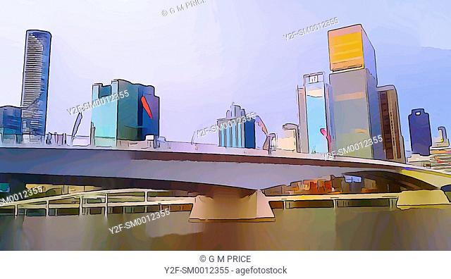 cartoon filter view of Victoria Bridge and Brisbane city skyline