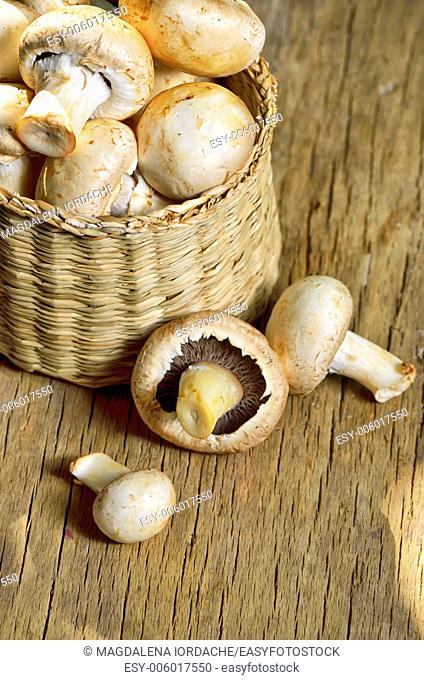 Basket with mushrooms on old wood