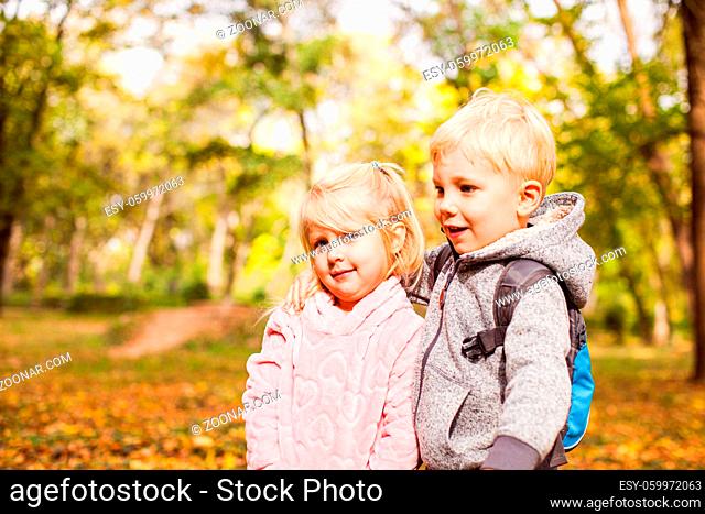 Children on a walk in autumn park. Lovely siblings on happy family vacation in forest
